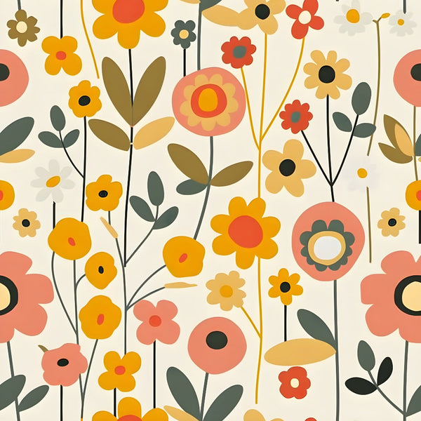 Colorful flower pattern with various blooms and leaves in shades of yellow, orange, and pink on a light background.