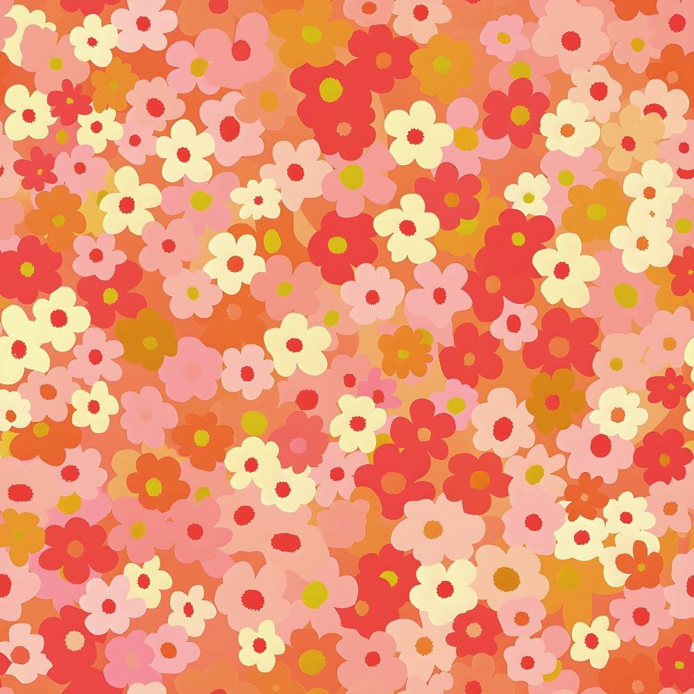 A dense pattern of variously sized pink, red, and yellow flowers on a mottled background.