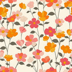 A floral pattern with pink, orange, and yellow flowers on thin stems with green leaves, set against a cream-colored background.