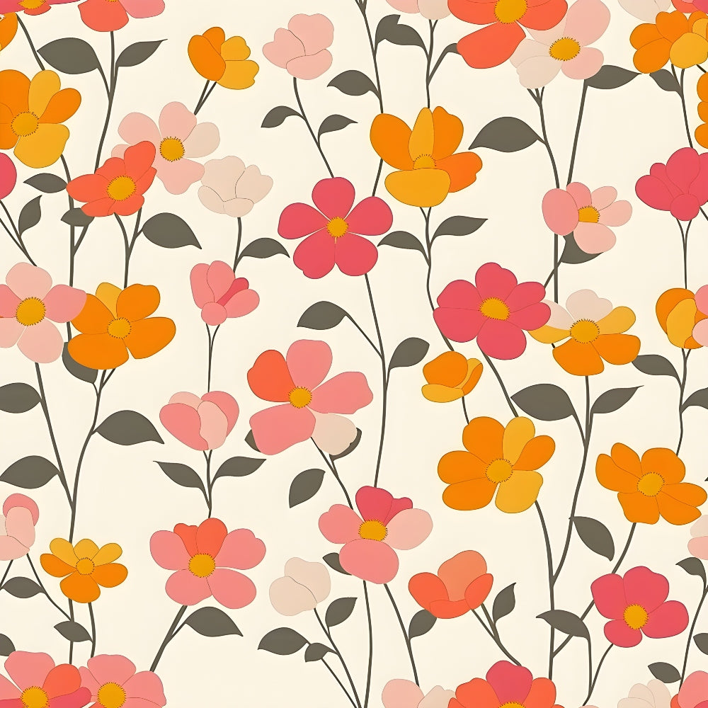 A floral pattern with pink, orange, and yellow flowers on thin stems with green leaves, set against a cream-colored background.
