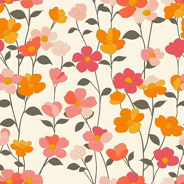 A floral pattern with pink, orange, and yellow flowers on thin stems with green leaves, set against a cream-colored background.