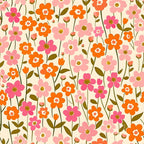 Pattern of pink, orange, and red flowers with green stems and leaves on a beige background.