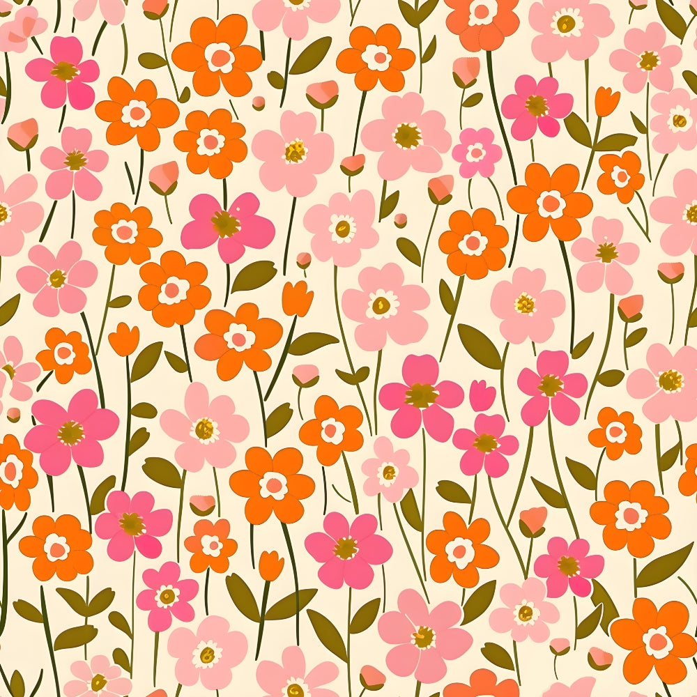 Pattern of pink, orange, and red flowers with green stems and leaves on a beige background.