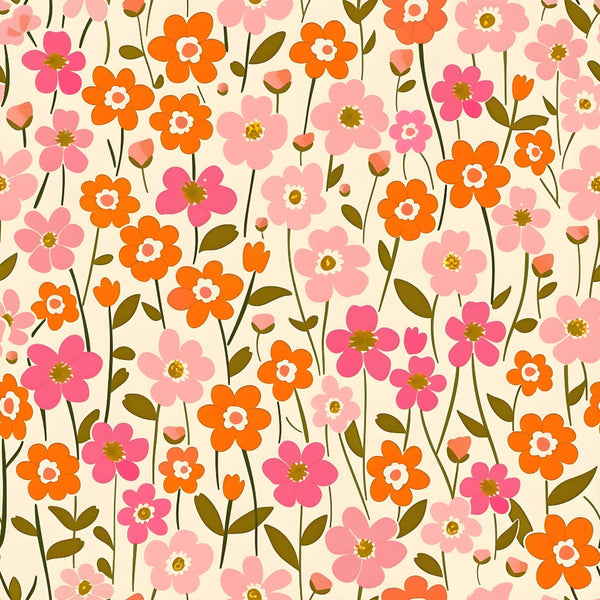 Pattern of pink, orange, and red flowers with green stems and leaves on a beige background.