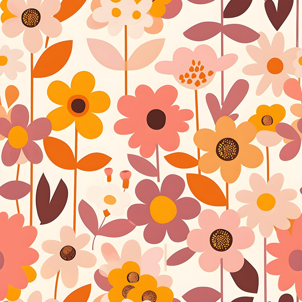 Illustration of retro-style flowers in shades of pink, orange, and brown on a light background, featuring various flower shapes and leaves.