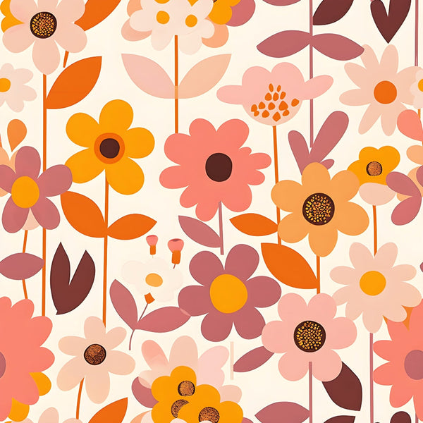 Illustration of retro-style flowers in shades of pink, orange, and brown on a light background, featuring various flower shapes and leaves.