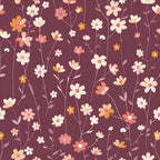 Pattern of pastel-colored flowers and thin stems on a maroon background.