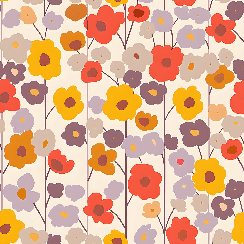 Colorful floral pattern with red, yellow, purple, and beige flowers on long stems against an off-white background.