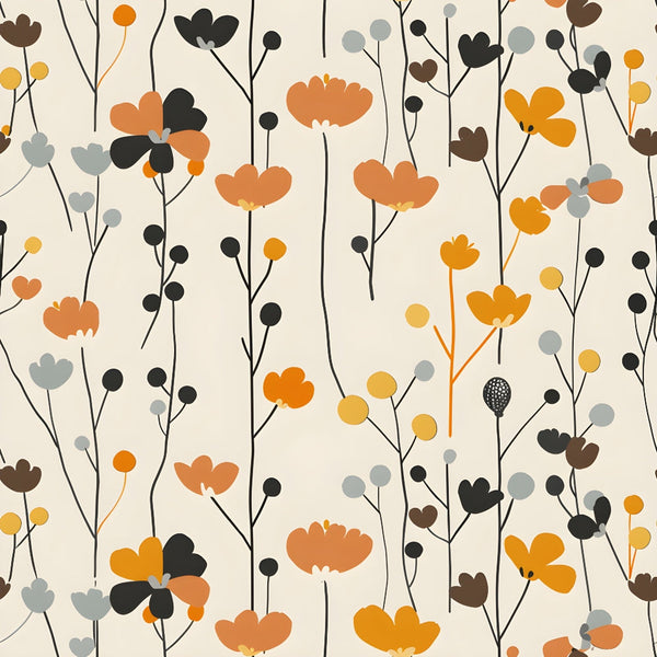 Floral pattern with abstract orange, yellow, and gray flowers on thin black stems against a beige background.