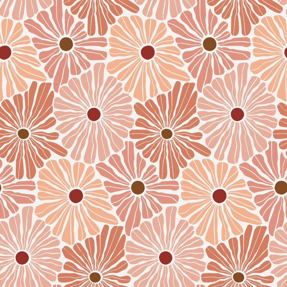 Retro Floral Pattern 1 Fabric with vintage flowers, blush pink, terracotta, peach, brown centers, seamless floral print, soft cotton material, quilting textile, classic blossom design, natural hues, fabric yardage for sewing projects.