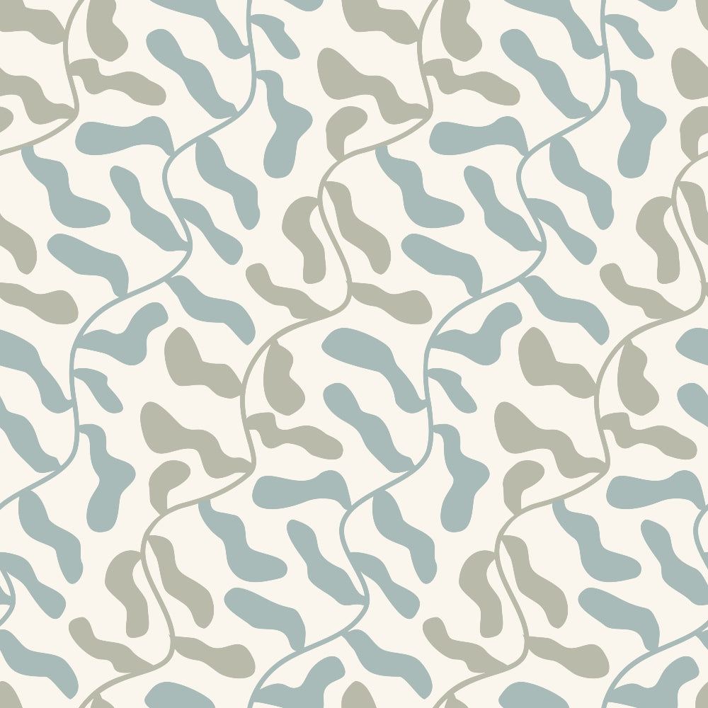 '- Retro Floral Pattern 10 Fabric - Cream background - Soft blue and beige abstract floral shapes - Organic curved lines - Vintage style - Textile yardage - Quilting material - Cotton fabric - Soft texture - Elegant design