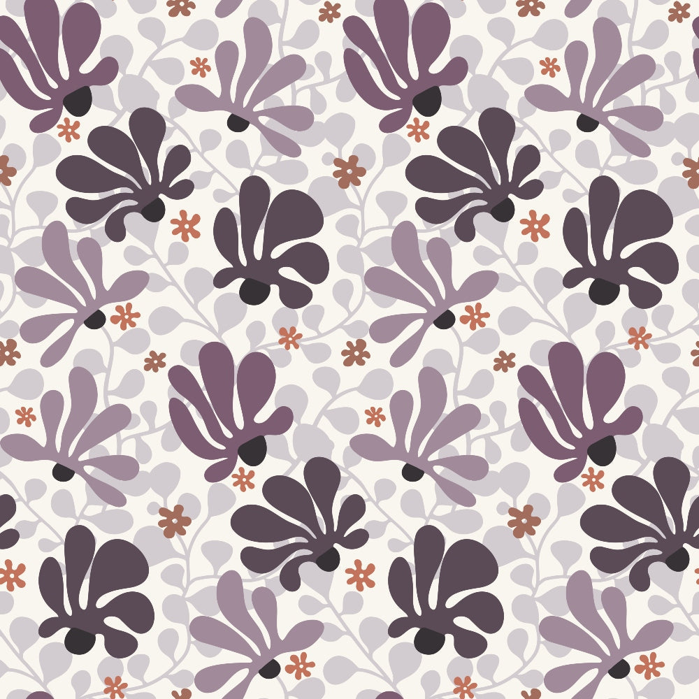 Retro Floral Pattern 11 Fabric featuring purple, lavender, mauve, and brown floral motifs on a cream background, repeating botanical design, quilting, cotton fabric, premium yardage, traditional inspired print, soft texture, vintage style textiles, eco-friendly fabric.