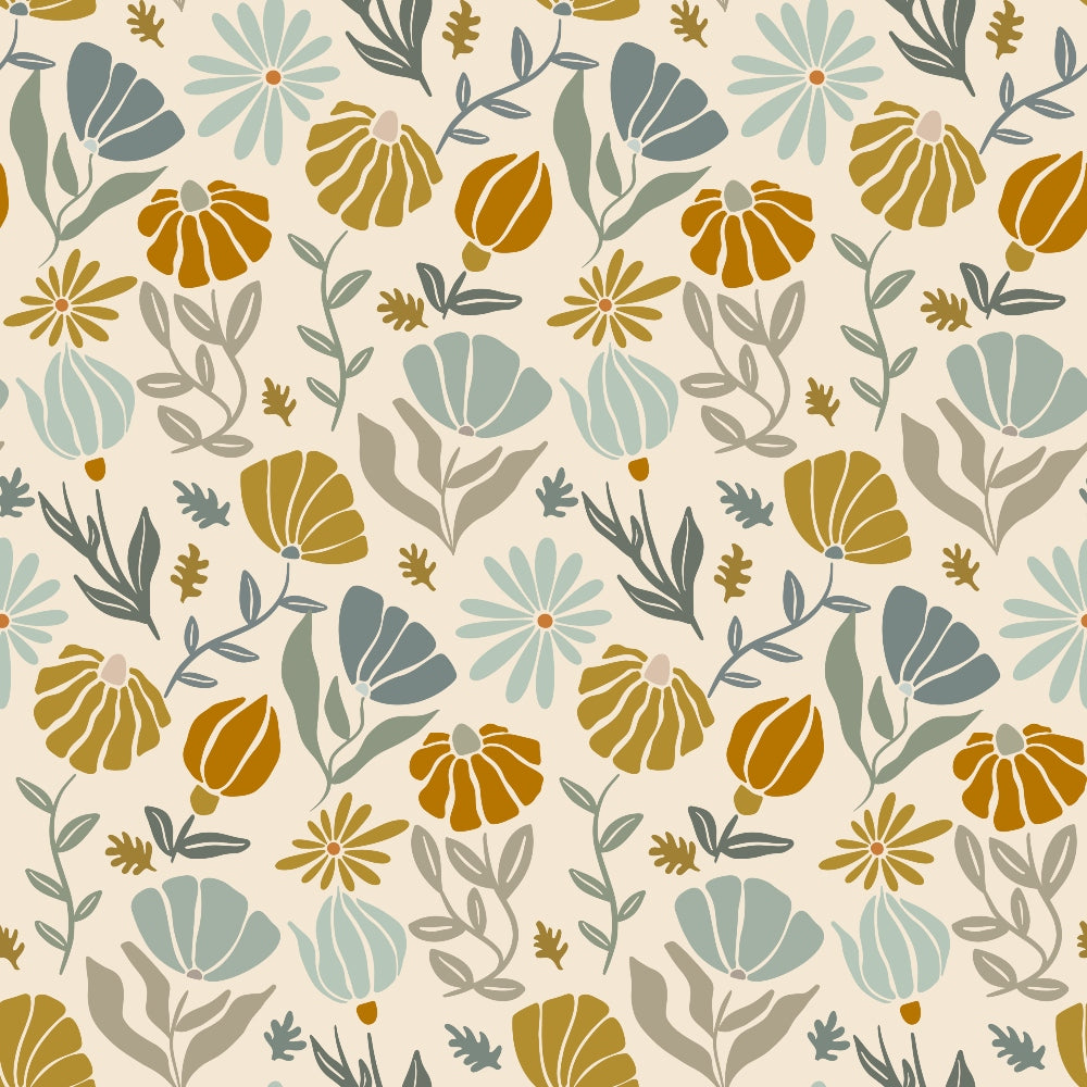 Retro Floral Pattern 2 Fabric, floral design, vintage style, muted colors, mustard yellow, teal blue, beige background, botanical print, quilting material, cotton textile, sewing fabric, craft fabric, natural fibers, decorative fabric, soft texture, premium quality, traditional style