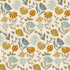 Retro Floral Pattern 2 Fabric, floral design, vintage style, muted colors, mustard yellow, teal blue, beige background, botanical print, quilting material, cotton textile, sewing fabric, craft fabric, natural fibers, decorative fabric, soft texture, premium quality, traditional style