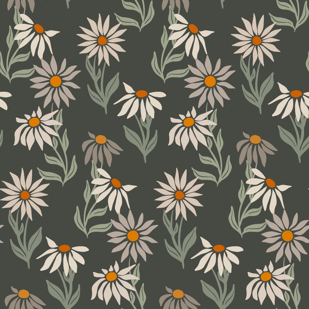'- Retro Floral Pattern 3 Fabric - vintage floral design - muted green background - cream and beige flowers - orange centers - leafy botanical elements - soft texture - material - classic garden print - seamless repeating floral motif