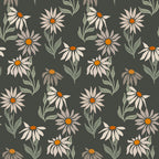 '- Retro Floral Pattern 3 Fabric - vintage floral design - muted green background - cream and beige flowers - orange centers - leafy botanical elements - soft texture - material - classic garden print - seamless repeating floral motif