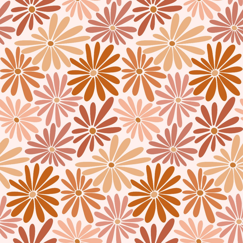 Retro Floral Pattern 4 Fabric, floral design, flowers, retro style, orange, brown, beige, pink, quilting, cotton, fabric, vintage, blooming, nature-inspired, seamless, textile, soft texture