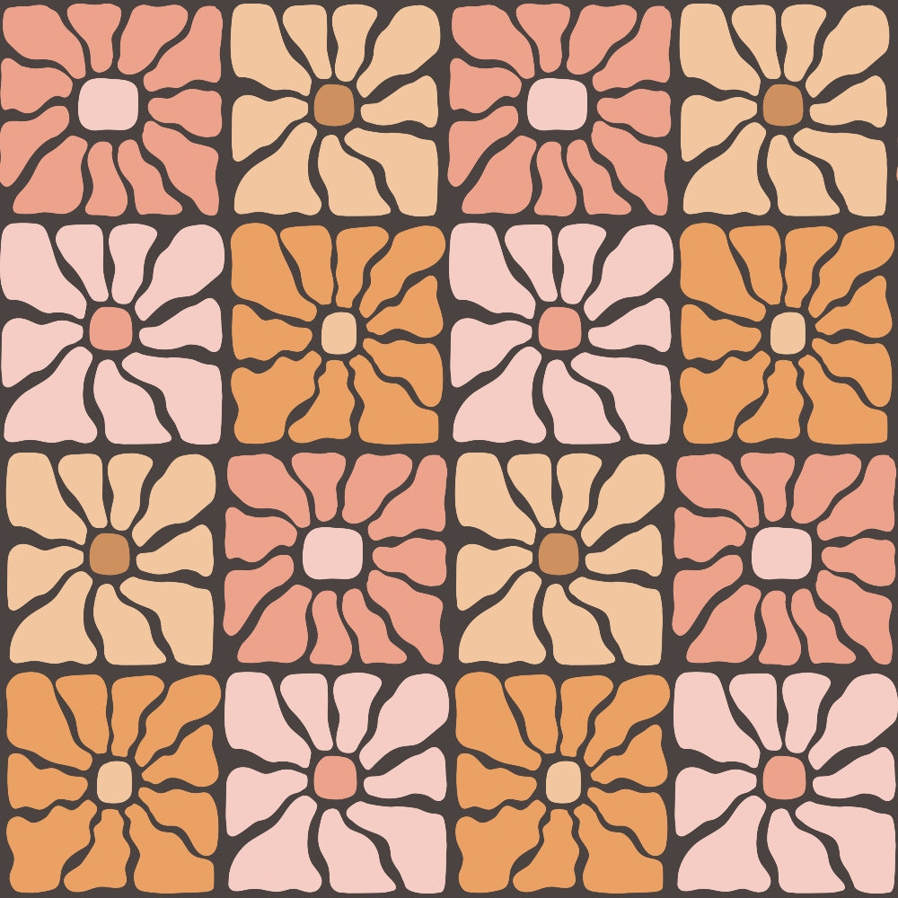 '- Retro Floral Pattern 5 Fabric - Vintage floral - Abstract flowers - Earth tones - Peach, tan, brown, pink - Quilting fabric - Soft texture - Square floral design