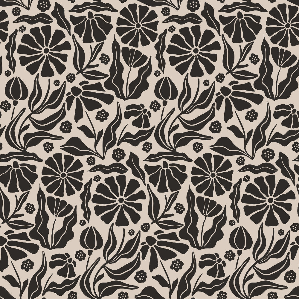 Retro Floral Pattern 6 Fabric featuring black floral silhouettes and leaves on a beige background, vintage style textile, cotton quilting material, traditional floral print, elegant botanical design, premium fabric suitable for quilting projects and crafts