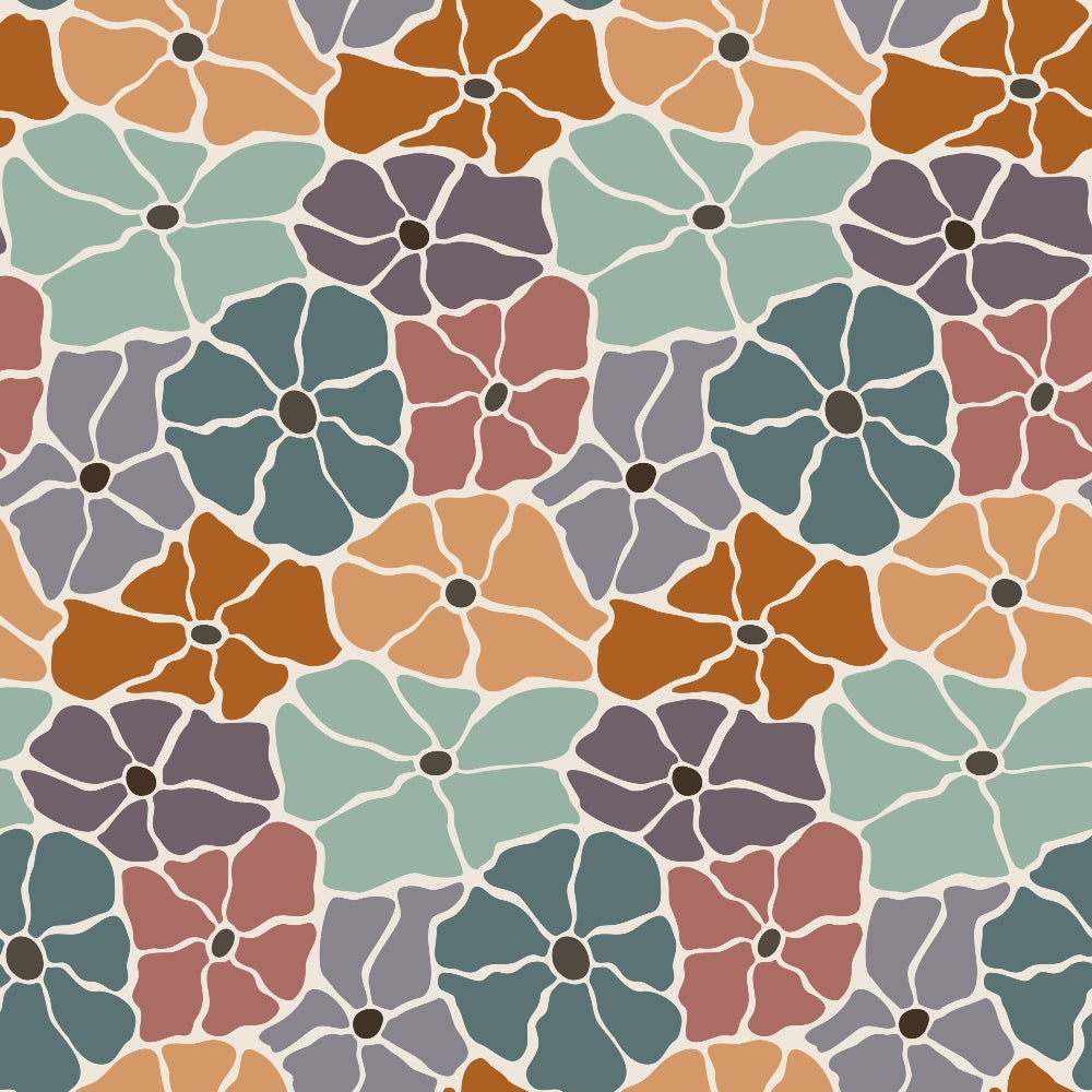 Retro Floral Pattern 7 Fabric with vintage floral design, multicolor petals in teal, rust, mauve, beige, and brown, seamless repeating flower motifs, cotton textile, quilting material, retro-inspired, soft texture, handcrafted pattern, classic floral print, natural fabric, artisan cotton fabric sold by the yard.