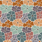 Retro Floral Pattern 7 Fabric with vintage floral design, multicolor petals in teal, rust, mauve, beige, and brown, seamless repeating flower motifs, cotton textile, quilting material, retro-inspired, soft texture, handcrafted pattern, classic floral print, natural fabric, artisan cotton fabric sold by the yard.