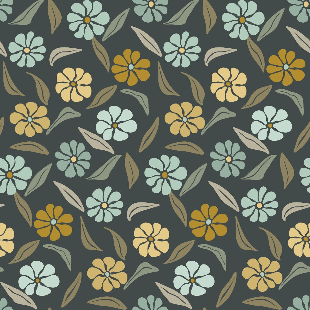 '- Retro Floral Pattern 8 Fabric - Floral design - Blue, mustard, beige flowers - Green, brown leaves - Vintage style - Quilting fabric - Cotton material - Handmade aesthetic - Decorative textile - Soft texture