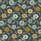 '- Retro Floral Pattern 8 Fabric - Floral design - Blue, mustard, beige flowers - Green, brown leaves - Vintage style - Quilting fabric - Cotton material - Handmade aesthetic - Decorative textile - Soft texture