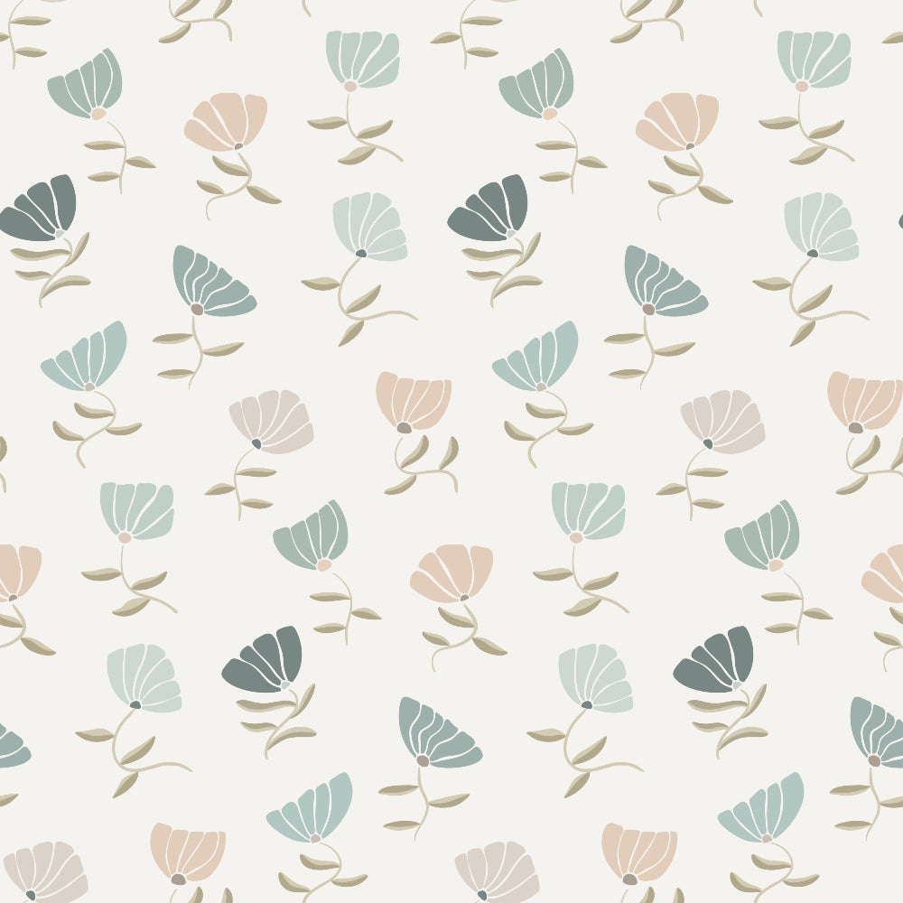 '- Retro Floral Pattern 9 Fabric - Soft beige background - Muted blue, teal, and peach flowers - Delicate leaves and stems - Vintage style floral design - Cotton textile material - Quilting fabric with a gentle drape - Suitable for sewing and craft projects