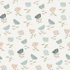 '- Retro Floral Pattern 9 Fabric - Soft beige background - Muted blue, teal, and peach flowers - Delicate leaves and stems - Vintage style floral design - Cotton textile material - Quilting fabric with a gentle drape - Suitable for sewing and craft projects