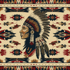 Illustration of a Native American chief in profile, wearing a feathered headdress, surrounded by geometric tribal patterns in red, black, and beige.