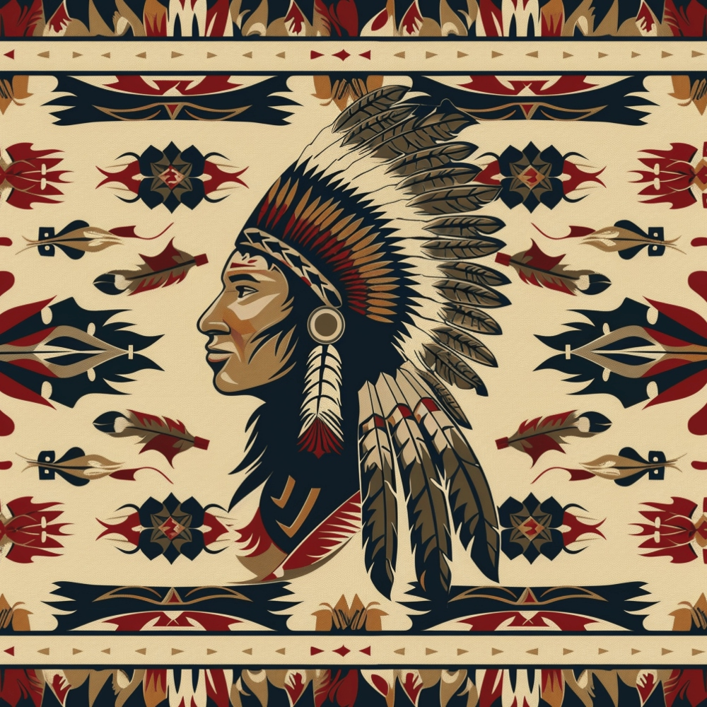 Illustration of a Native American chief in profile, wearing a feathered headdress, surrounded by geometric tribal patterns in red, black, and beige.