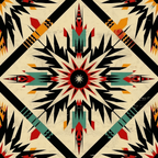 Geometric pattern with bold, symmetrical shapes in black, red, turquoise, and yellow on a beige background, resembling a kaleidoscope or textile design.