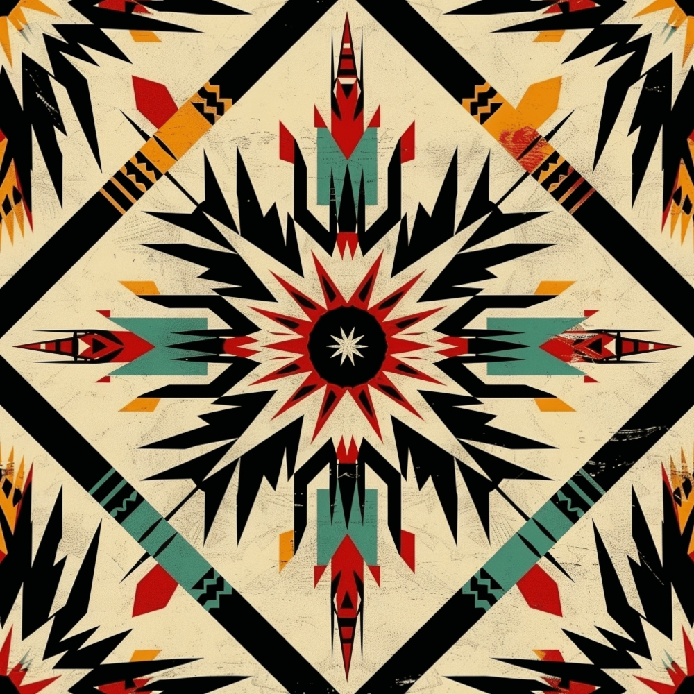 Geometric pattern with bold, symmetrical shapes in black, red, turquoise, and yellow on a beige background, resembling a kaleidoscope or textile design.