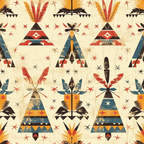 Pattern of geometric Native American-inspired teepee designs in red, blue, orange, and black on a beige background with star and feather motifs.