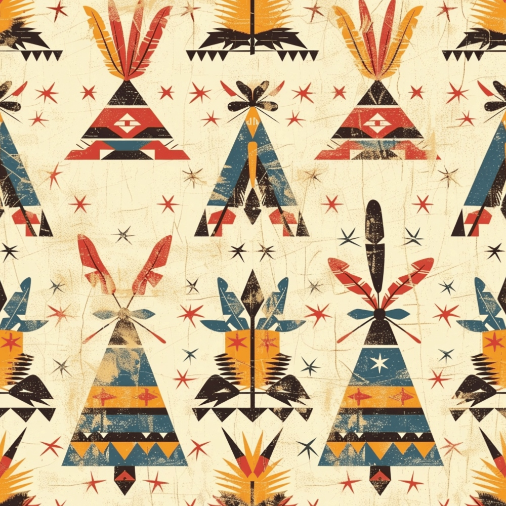 Pattern of geometric Native American-inspired teepee designs in red, blue, orange, and black on a beige background with star and feather motifs.