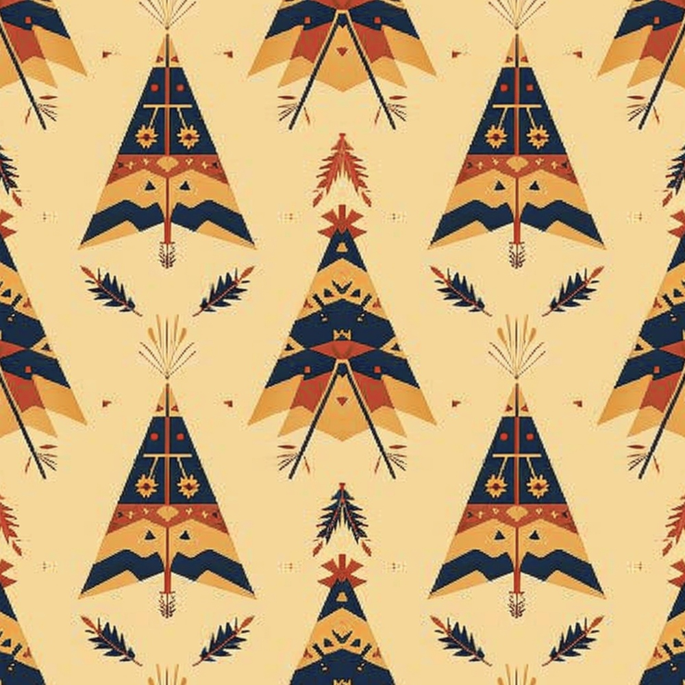 Pattern of stylized teepees in blue and orange on a beige background, featuring geometric shapes and leaf motifs.