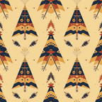 Pattern of stylized teepees in blue and orange on a beige background, featuring geometric shapes and leaf motifs.