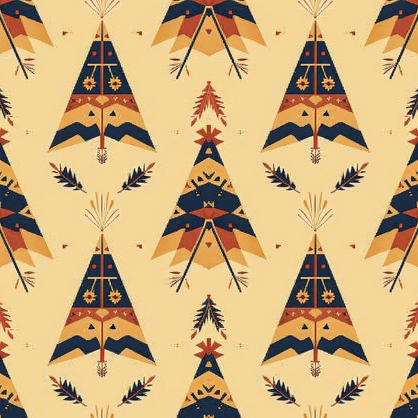 Pattern of stylized teepees in blue and orange on a beige background, featuring geometric shapes and leaf motifs.