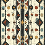 Geometric tribal pattern with stars and stripes in red, yellow, blue, and beige against a distressed background.