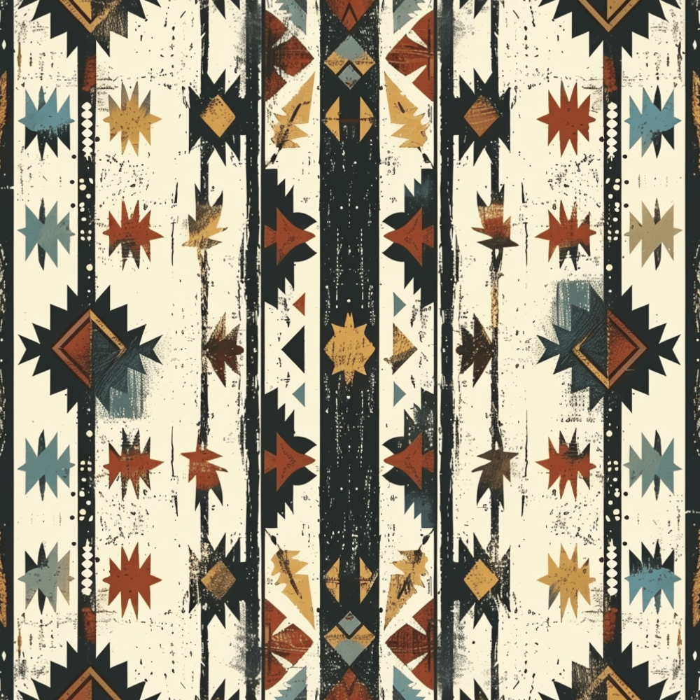 Geometric tribal pattern with stars and stripes in red, yellow, blue, and beige against a distressed background.