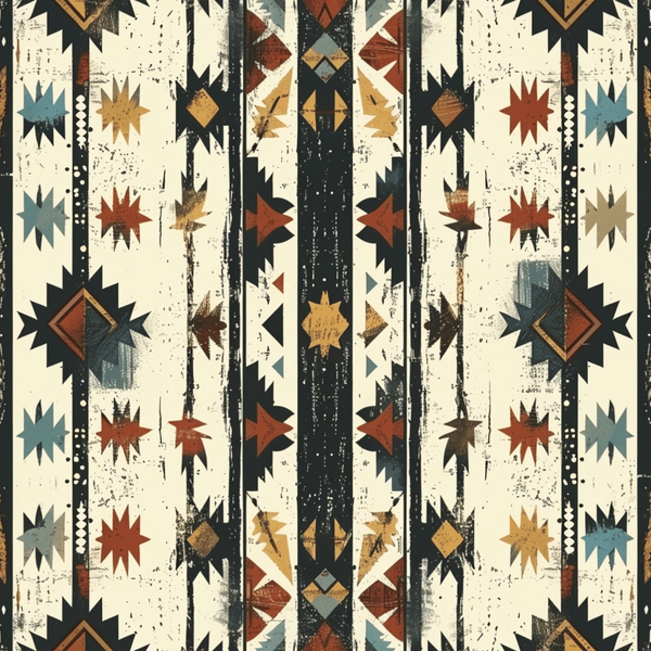 Geometric tribal pattern with stars and stripes in red, yellow, blue, and beige against a distressed background.