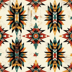 Geometric pattern with star and leaf-like shapes in red, teal, orange, and black on a beige background.
