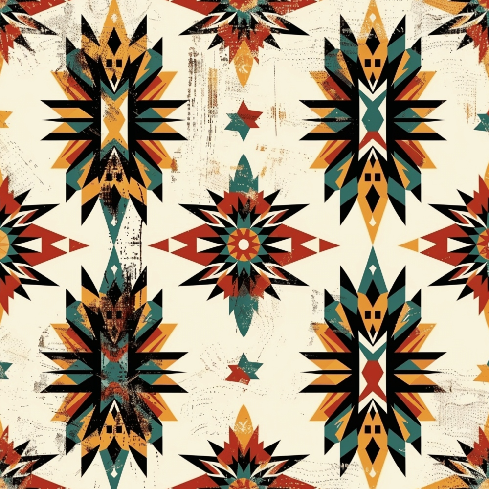 Geometric pattern with star and leaf-like shapes in red, teal, orange, and black on a beige background.