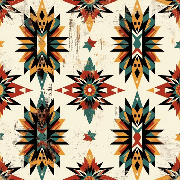 Geometric pattern with star and leaf-like shapes in red, teal, orange, and black on a beige background.