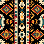 Intricate geometric pattern with diamonds, triangles, and zigzags in red, blue, yellow, and cream on a black background.