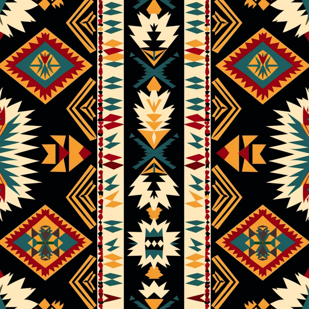 Intricate geometric pattern with diamonds, triangles, and zigzags in red, blue, yellow, and cream on a black background.