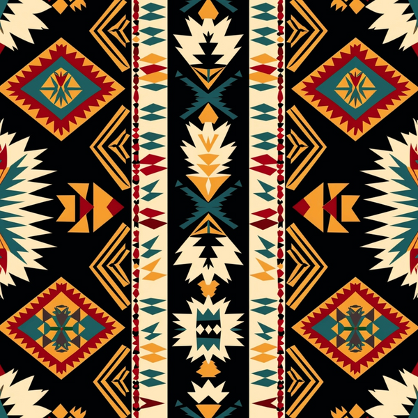 Intricate geometric pattern with diamonds, triangles, and zigzags in red, blue, yellow, and cream on a black background.