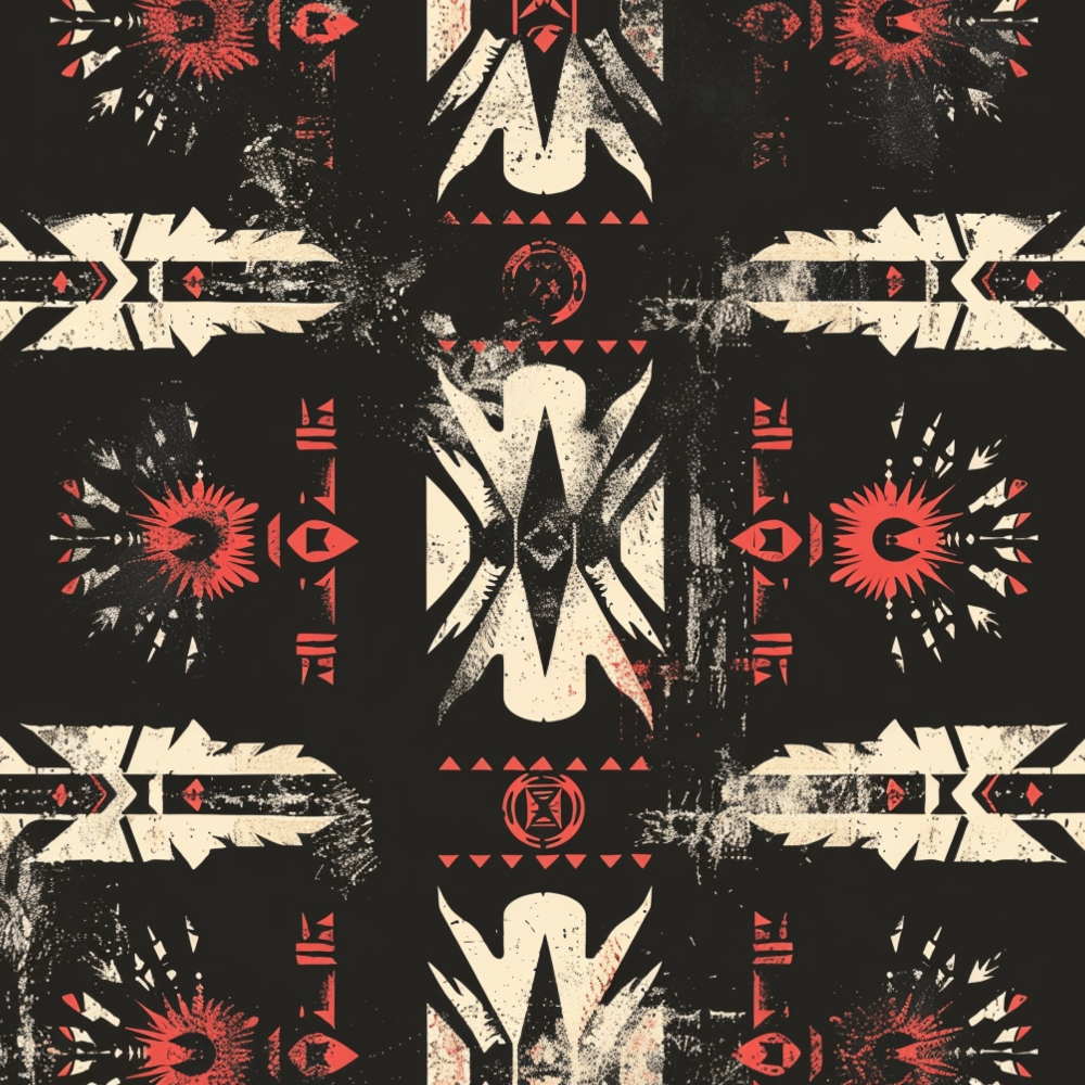 Symmetrical geometric pattern with tribal motifs in red, white, and black, featuring abstract shapes and distressed textures.