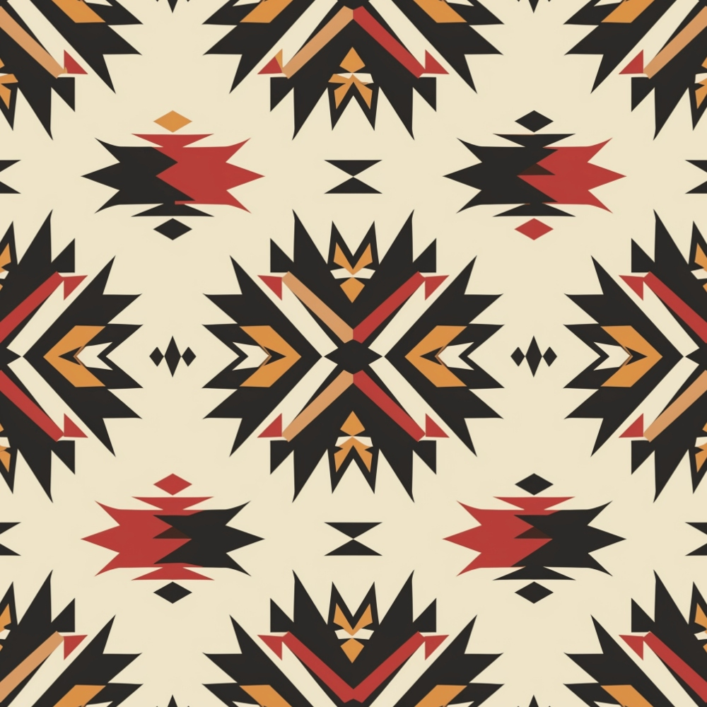 Geometric pattern with black, red, and orange shapes on a beige background, forming symmetrical star-like designs.