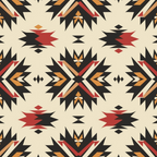Geometric pattern with black, red, and orange shapes on a beige background, forming symmetrical star-like designs.